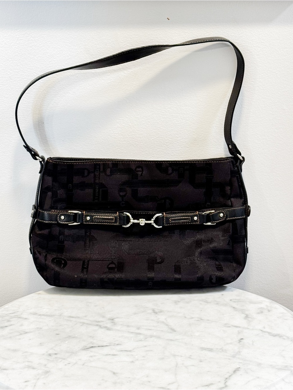 Etienne Aigner Black Jacquard Shoulder Bag with Silver Hardware